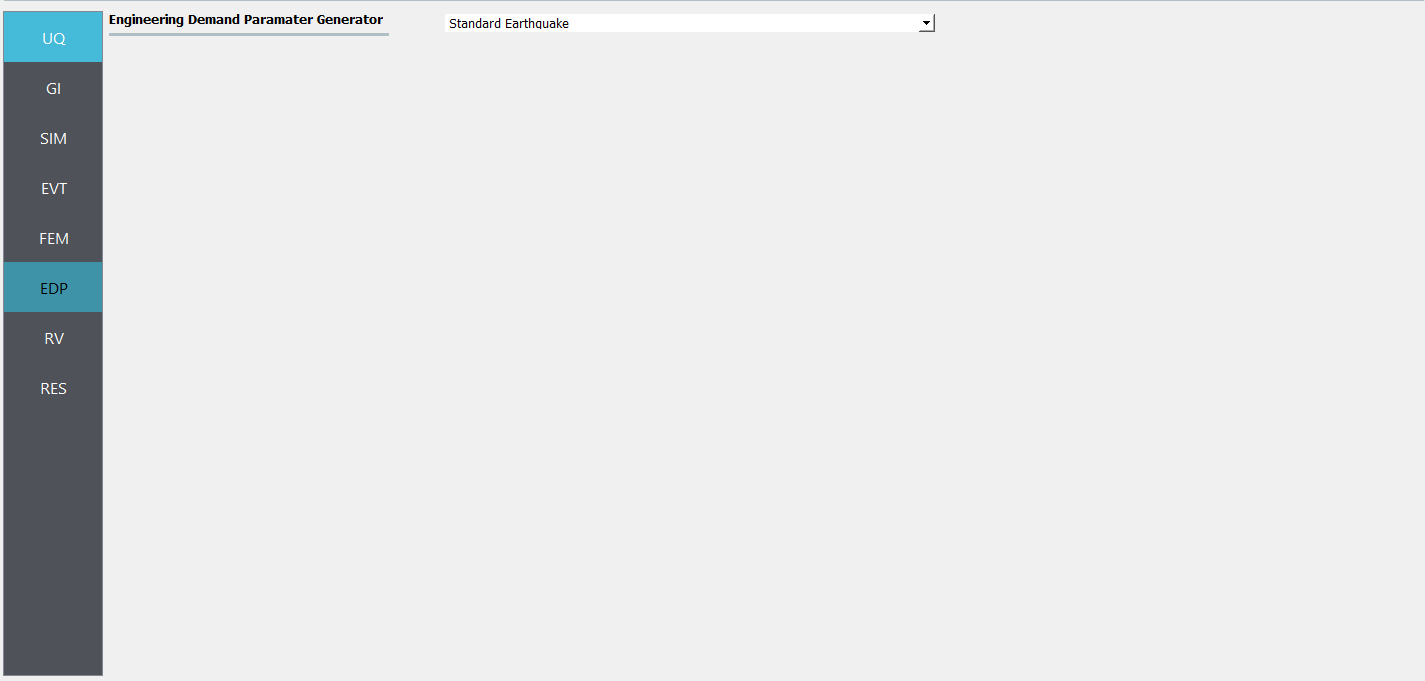 Screenshot of a software interface with a dark theme, displaying a vertical navigation bar on the left side with various options such as UQ, GI, SIM, EVT, FEM, EDP, RV, RES, highlighted in light blue and dark gray. Along the top is a heading labeled "Engineering Demand Parameter Generator" with a dropdown menu next to it titled "Standard Earthquake." The rest of the screen remains largely empty and awaiting interaction.