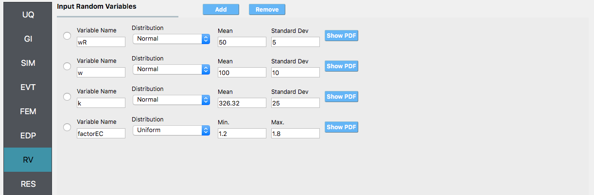 Screenshot of a software interface showing a table titled "Input Random Variables" with fields for variable name, distribution type, mean, standard deviation, and a button to "Show PDF". Four variables are defined: 'wR' with a normal distribution, mean of 50, and standard deviation of 5; 'w' with a normal distribution, mean of 100, and standard deviation of 10; 'k' with a normal distribution, mean of 326.32, and standard deviation of 25; 'factorEC' with a uniform distribution and a range from 1.2 to 1.8. To the left, a vertical navigation bar lists categories such as UQ, GI, SIM, EVT, FEM, EDP, RV, and RES, with RV highlighted in blue.