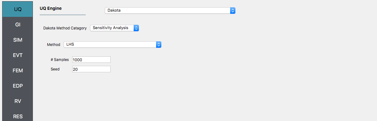 Screenshot of a user interface for an UQ (Uncertainty Quantification) Engine, specifically displaying the adaptation for the Dakota engine. There are dropdown menus for 'Dakota Method Category' with 'Sensitivity Analysis' selected and 'Method' with 'LHS' selected. Below the dropdown menus are input fields for 'Number of Samples' set to 1000 and 'Seed' set to 20. On the left side, there is a vertical navigation bar with various acronyms such as UQ, GI, SIM, EVT, FEM, EDP, RV, and RES, indicating different sections of the software. The rest of the graphical user interface elements are minimally displayed and the overall color scheme is a combination of light and dark blue with white text.