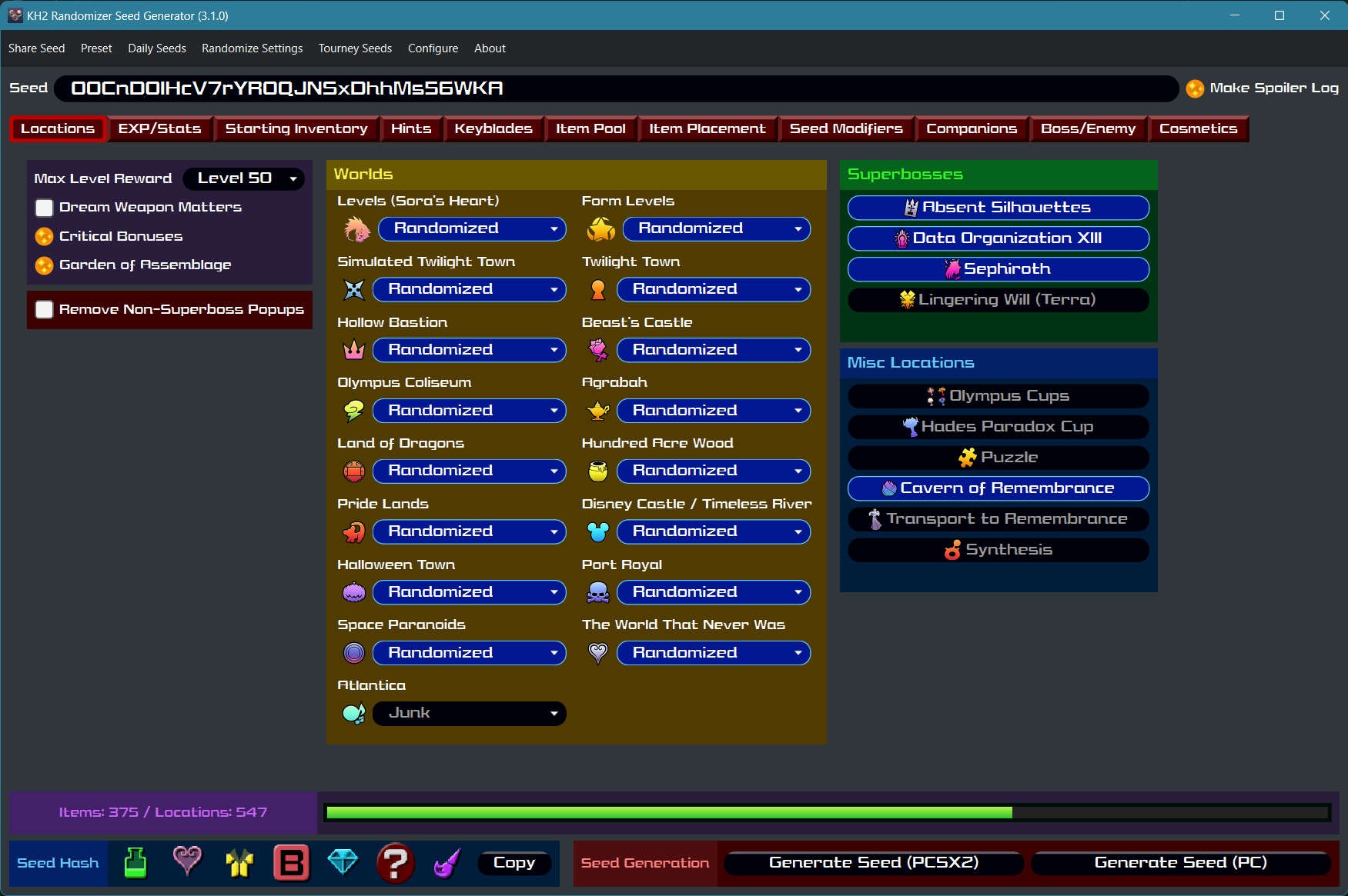 Screenshot of the seed generator user interface