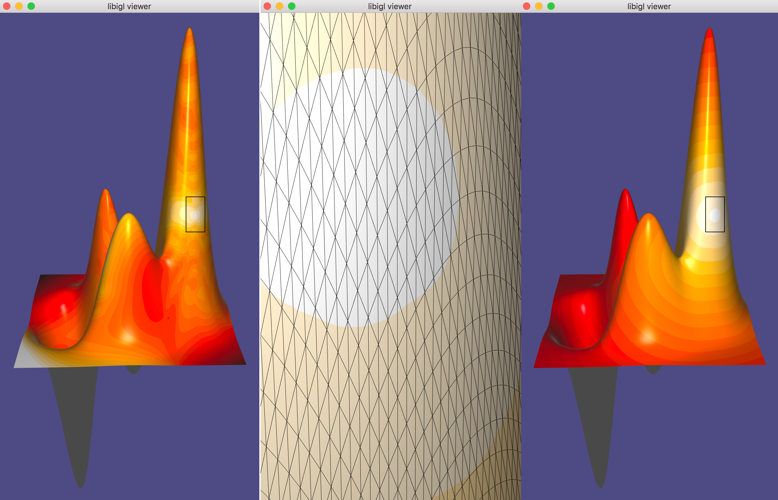 The _standard_ FEM Laplacian igl::cotmatrix results in an unstable geodesic
distance approximation that is non-monotonic (left), in the presence of a poor
quality and/or biased mesh (zoom-in center). Switching to the intrinsic Delaunay
triangulation's cotagent Laplacian igl::intrinsic_delaunay_cotmatrix improves
things and ensures monotonicity (right)